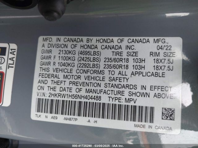 2HKRW1H56NH404488 Honda Cr-v 2wd Ex