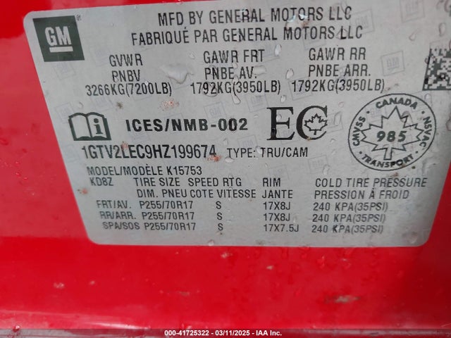 1GTV2LEC9HZ199674 GMC l83 -spark ignited direct injection, variable valve timing, afm, e85 max, alum