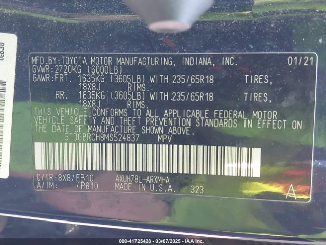 5TDGBRCH8MS524837 Toyota Highlander Hybrid Xle
