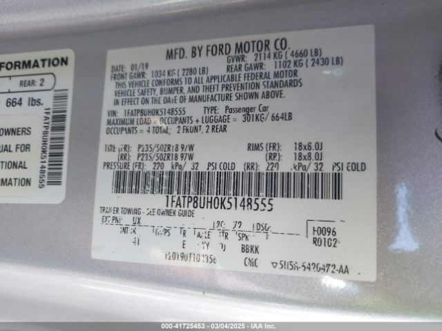 1FATP8UH0K5148555 Ford Mustang Ecoboost Premium
