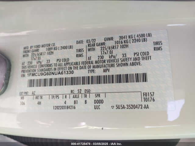 1FMCU9G60NUA61330 Ford ESCAPE SE
