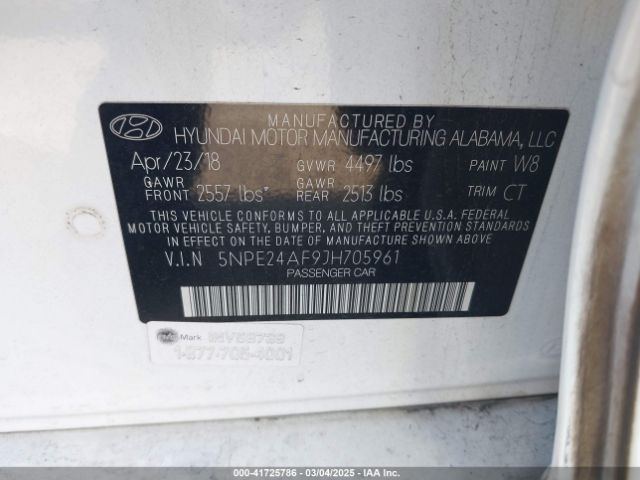 5NPE24AF9JH705961 Hyundai SONATA SE