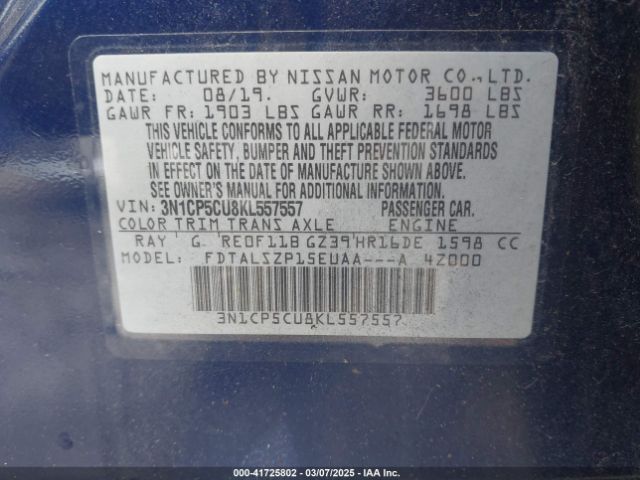 3N1CP5CU8KL557557 Nissan KICKS SV