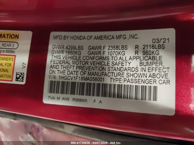 1HGCV1F18MA056001 Honda l15be