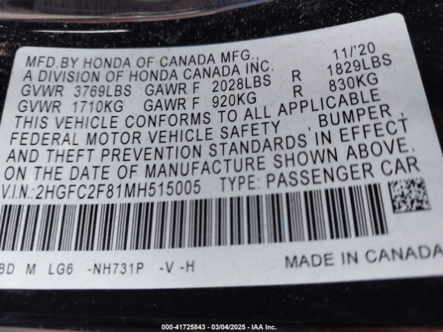 2HGFC2F81MH515005 Honda Civic Sport