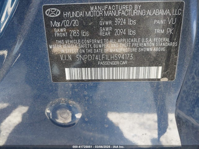 5NPD74LF1LH594173 Hyundai mpi nu