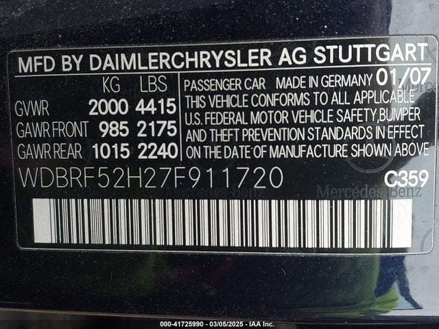 Продаж на аукціоні авто 2007 Mercedes-benz C 230 Sport, vin: WDBRF52H27F911720, номер лоту: 41725990