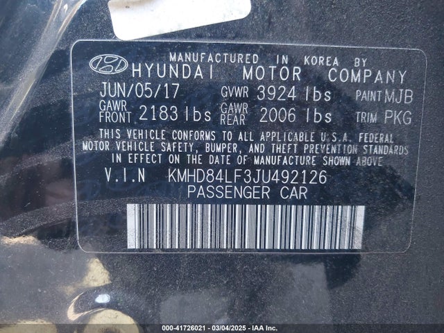 KMHD84LF3JU492126 Hyundai ELANTRA SEL
