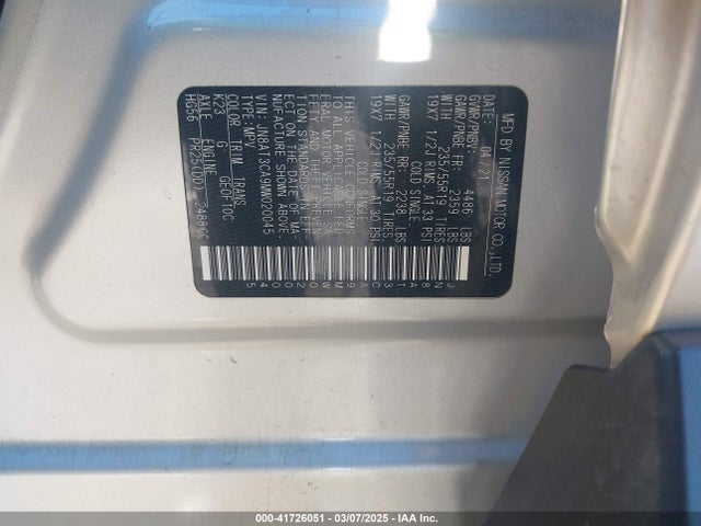 JN8AT3CA9MW020045 Nissan Rogue Sl Fwd