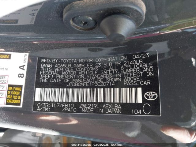 JTDBCMFE1P3020714 Toyota Corolla Hybrid Le