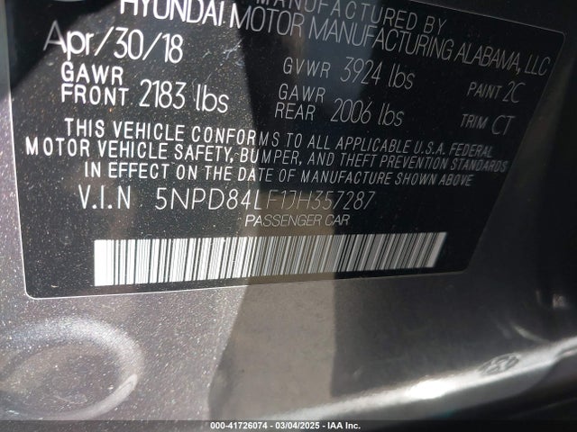 5NPD84LF1JH357287 Hyundai ELANTRA SEL