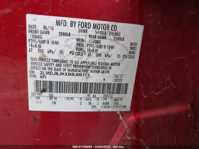 Продаж на аукціоні авто 2011 Lincoln Mkx, vin: 2LMDJ6JKXBBJ00173, номер лоту: 41726092