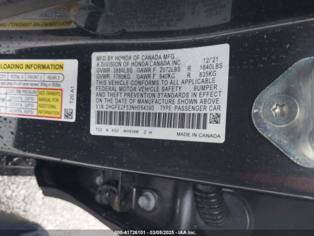 2HGFE2F53NH554390 Honda Civic Sport