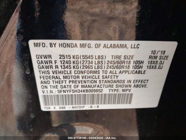 5FNYF5H34KB009852 Honda Pilot Ex