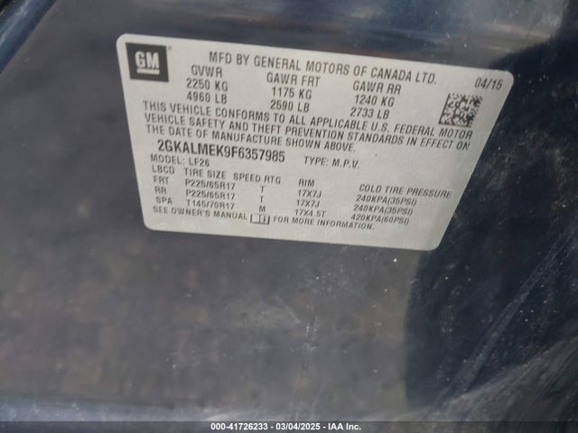GMC Terrain Sle-1 2015 2GKALMEK9F6357985 Image 9