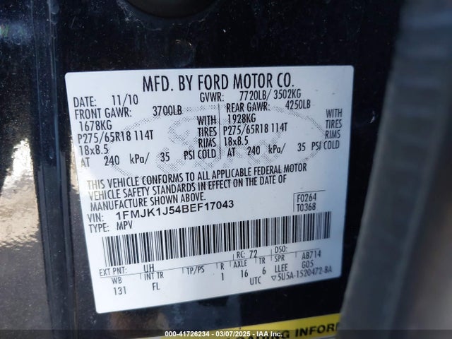 Продажа на аукционе авто 2011 Ford Expedition El Xlt, vin: 1FMJK1J54BEF17043, номер лота: 41726234