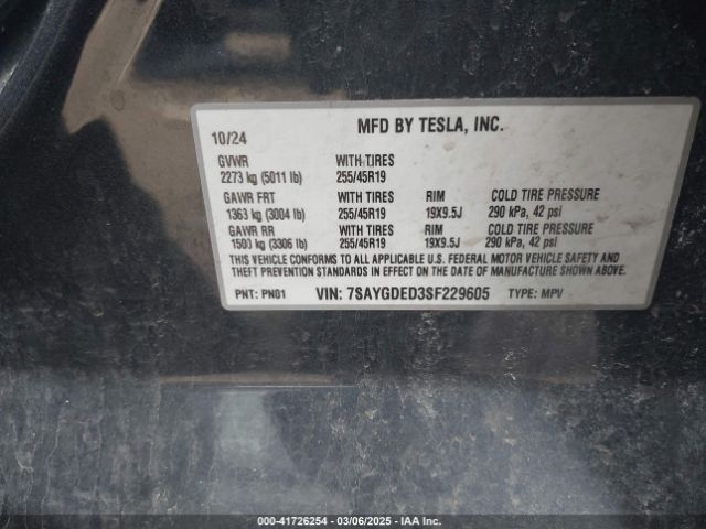 7SAYGDED3SF229605 Tesla Model Y Long Range Dual Motor All-wheel Drive