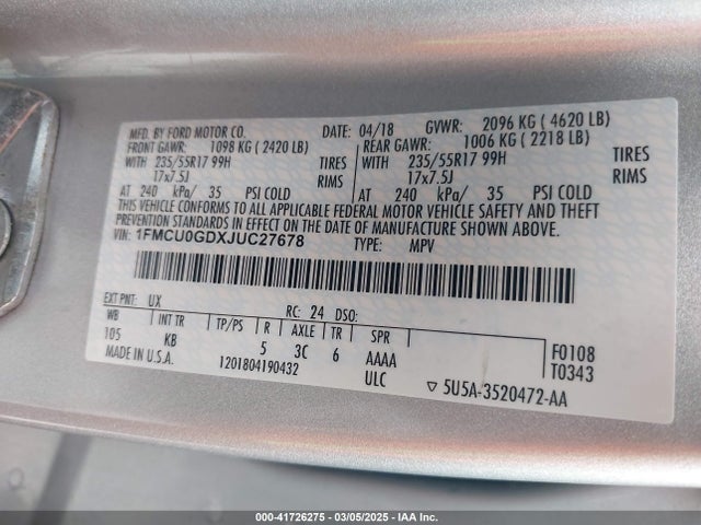 1FMCU0GDXJUC27678 Ford ESCAPE SE