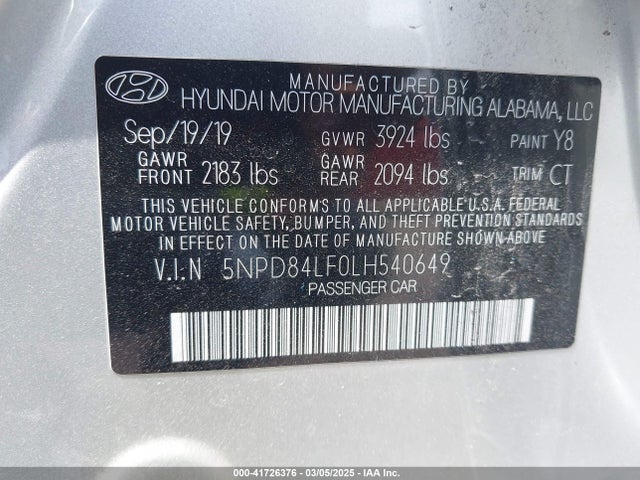 5NPD84LF0LH540649 Hyundai ELANTRA SEL