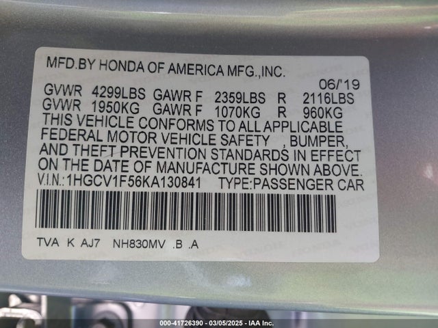 1HGCV1F56KA130841 Honda Accord Ex-l