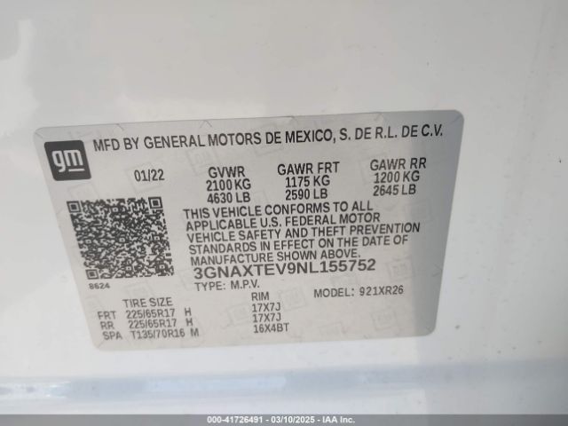3GNAXTEV9NL155752 Chevrolet Equinox Awd 2fl