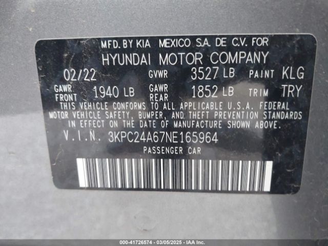 3KPC24A67NE165964 Hyundai ACCENT SE