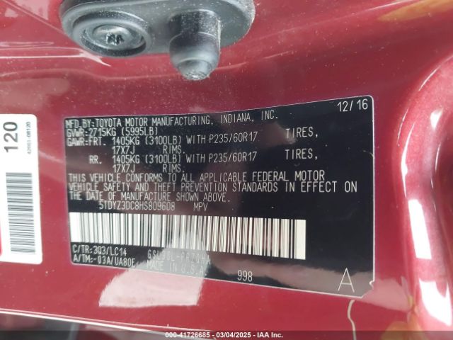 5TDYZ3DC8HS809608 Toyota Sienna Xle 8 Passenger