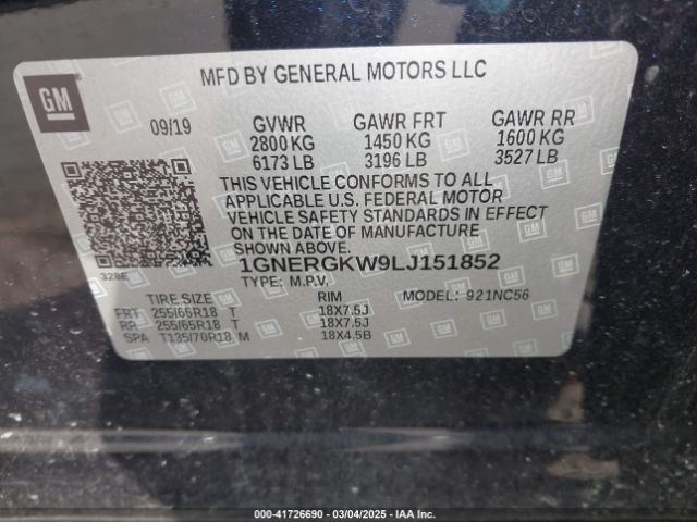 1GNERGKW9LJ151852 Chevrolet Traverse Fwd Lt Cloth