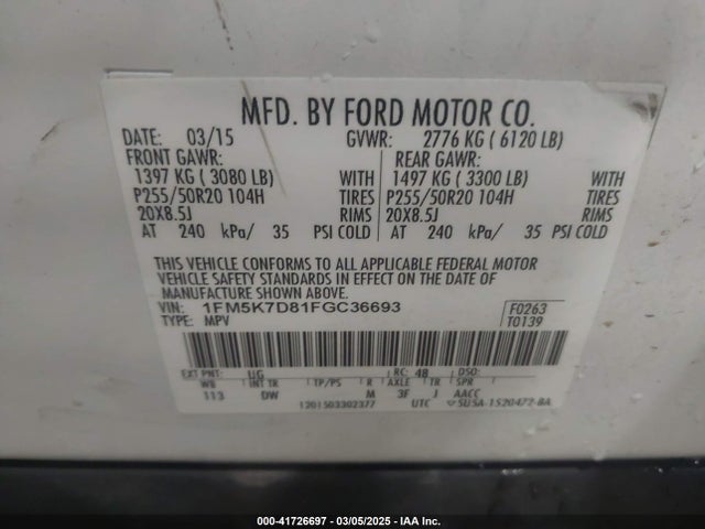Ford EXPLORER XLT 2015 1FM5K7D81FGC36693 Image 9