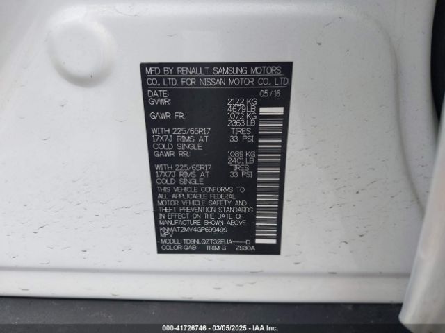 KNMAT2MV4GP699499 Nissan Rogue S/sl/sv