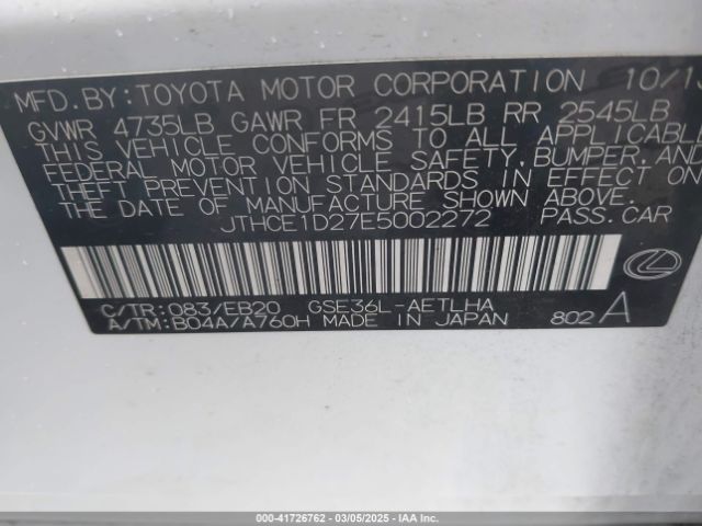 JTHCE1D27E5002272 Lexus IS 350