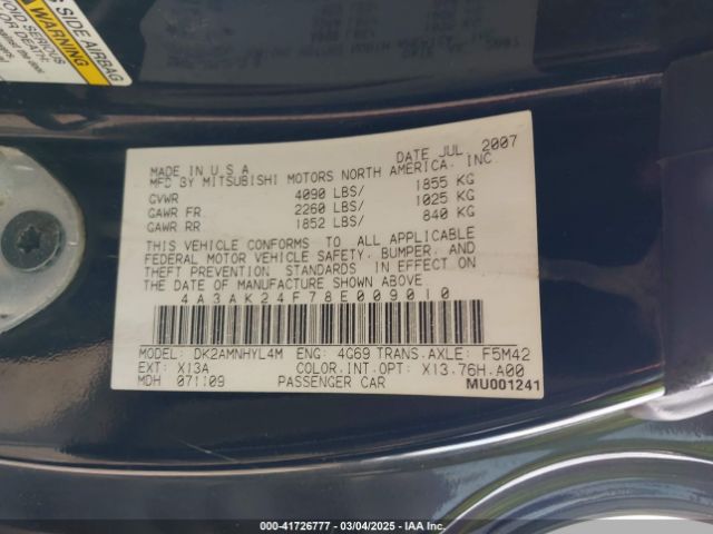 2008 MITSUBISHI ECLIPSE 4A3AK24F78E009010 Photo 8