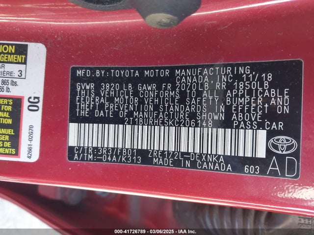 2T1BURHE5KC206148 Toyota COROLLA LE
