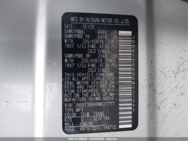 JN8BT3BB9RW421777 Nissan Rogue Sv Intelligent Awd