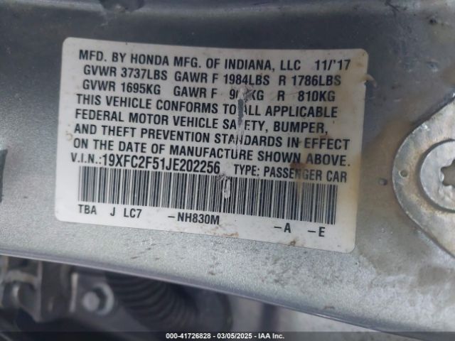 2018 HONDA CIVIC 19XFC2F51JE202256 Photo 8