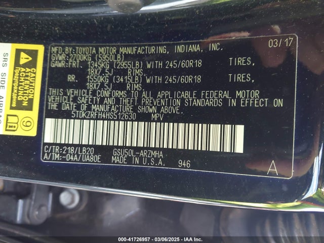 5TDKZRFH4HS512630 Toyota Highlander Xle