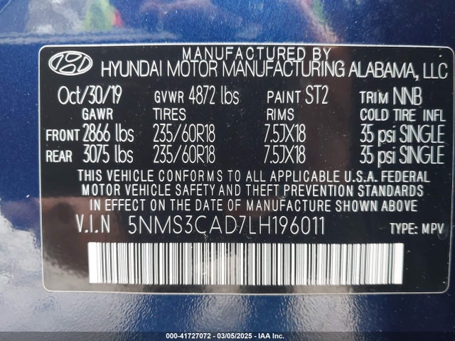 5NMS3CAD7LH196011 Hyundai Santa Fe Sel