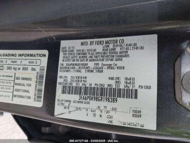 Ford Fusion Titanium 2016 3FA6P0K98GR198389 Image 9
