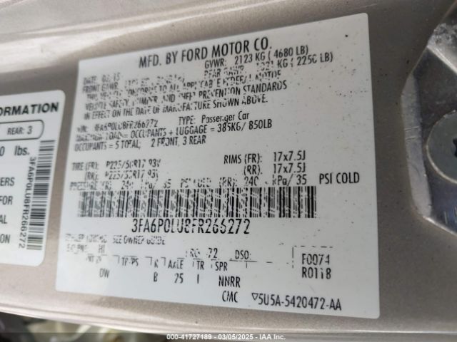 3FA6P0LU8FR266272 Ford Fusion Hybrid Se