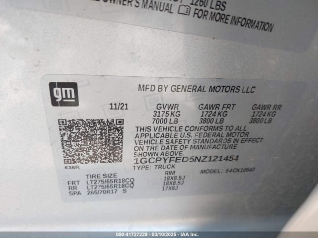 1GCPYFED5NZ121454 Chevrolet Silverado 1500 Ltd 4wd  Short Bed Lt Trail Boss