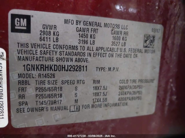 1GNKRHKD0HJ292811 Chevrolet Traverse 2lt