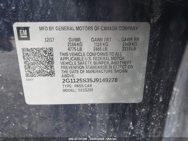 Продажа на аукционе авто 2018 Chevrolet Impala 2lz, vin: 2G1125S35J9149278, номер лота: 41727245