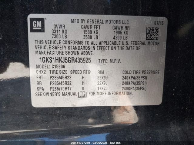 1GKS1HKJ5GR435925 GMC YUKON XL DENALI