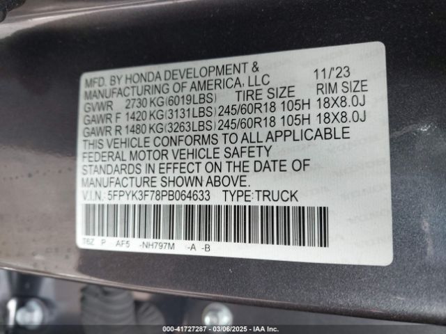 5FPYK3F78PB064633 Honda Ridgeline Rtl-e