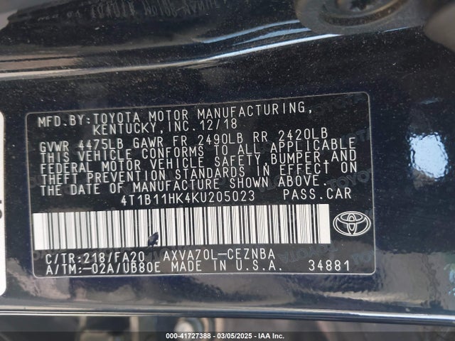 4T1B11HK4KU205023 Toyota CAMRY LE