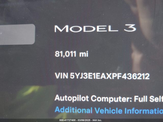 5YJ3E1EAXPF436212 Tesla Model 3 Rear-wheel Drive