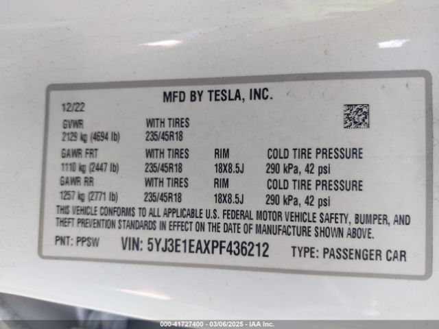 5YJ3E1EAXPF436212 Tesla Model 3 Rear-wheel Drive