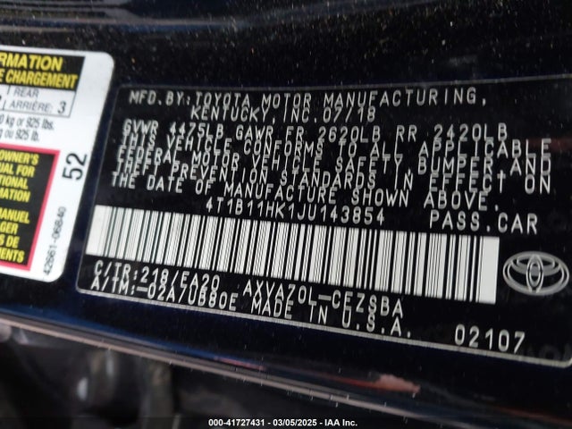 4T1B11HK1JU143854 Toyota CAMRY SE