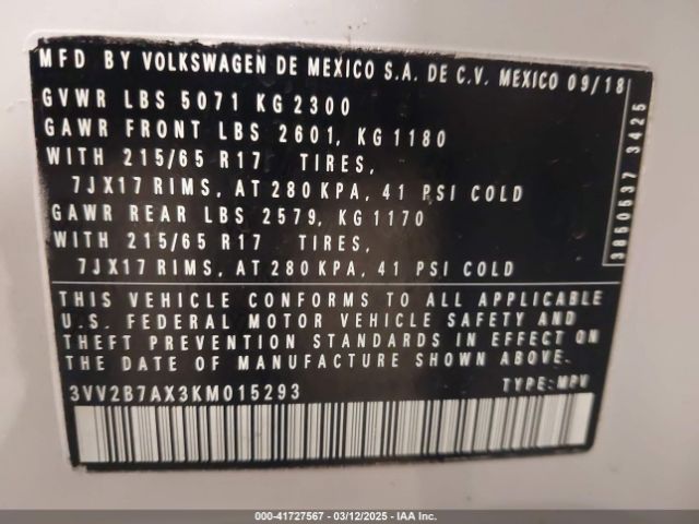 2019 VOLKSWAGEN TIGUAN 3VV2B7AX3KM015293 Photo 8