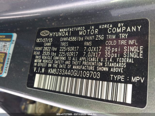 KM8J33A40GU109703 Hyundai TUCSON SE